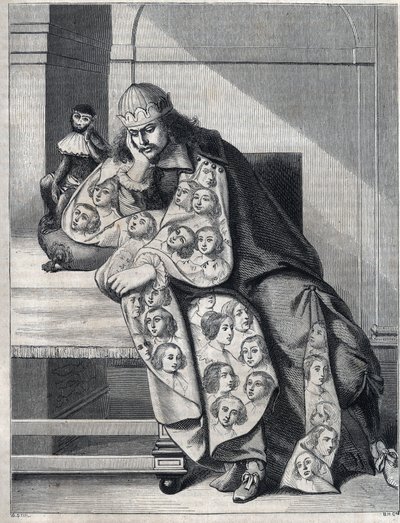 Mannen fylt med ondskap: en mann med en dobbel kappe av kvinnehoder mediterer med en ape ved siden. Reproduksjon av et trykk av Abraham Bosse (1604-1676). av Abraham (after) Bosse
