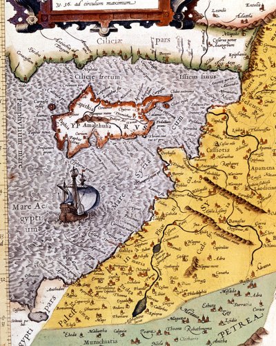 Historisk geografisk kart over Palestina i henhold til Atlas of Abraham Ortelius, Amsterdam av Abraham (after) Ortelius