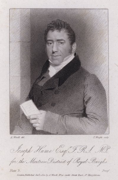 Joseph Hume , skotsk lege, politiker og radikal MP (gravering) av Abraham (after) Wivell