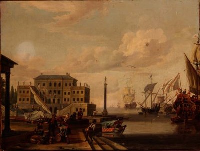 En capriccio av en middelhavshavn med kjøpmenn og skipsfart for anker av Abraham (follower of) Storck