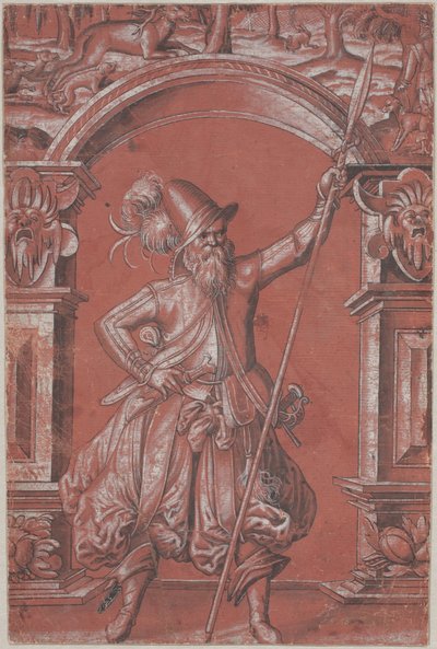 En sveitservakt foran en dekorativ bue (recto) av Abraham Bickhart