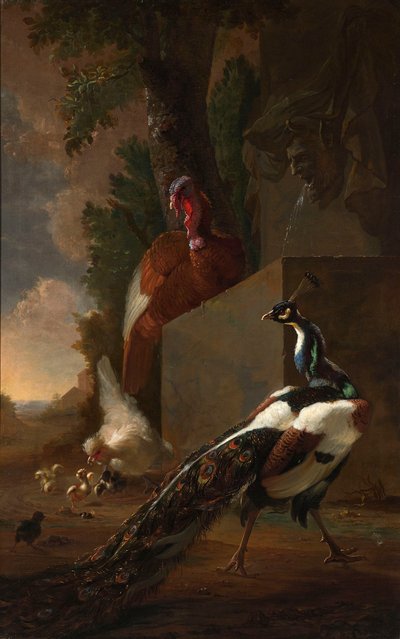 En påfugl, kalkun og kylling med kyllingene sine ved siden av en klassisk fontene i et landskap av Abraham Bisschop