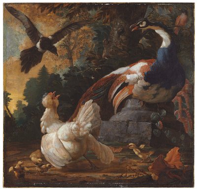 En påfugl, fjærfe og en skjære i et landskap, 1720 av Abraham Bisschop