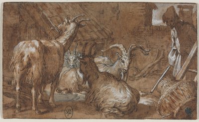 En låvegård med geiter og en geitegjeter av Abraham Bloemaert