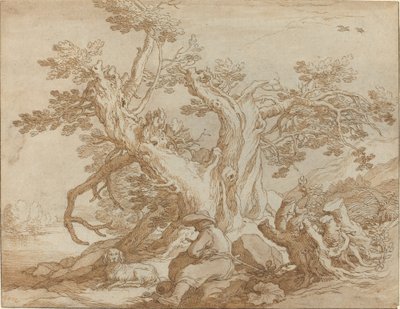 Landskap med sittende figur og hund av Abraham Bloemaert