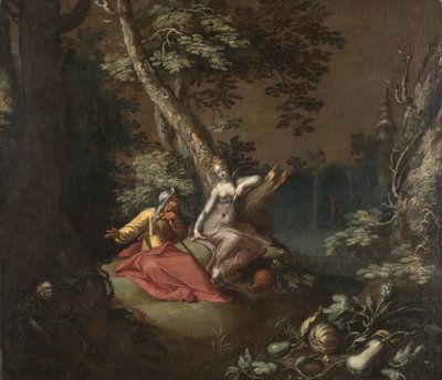 Landskap med Vertumnus og Pomona, ca. 1595-1600 (olje på lerret montert om bord) av Abraham Bloemaert