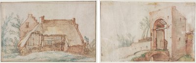 Bondehytte (rekto); Bro og port (verso) av Abraham Bloemaert