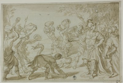 Romerske soldater steiner en slange av Abraham Bloemaert