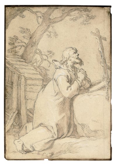 Saint Paul av Phermae kneler i bønn foran et krusifiks (svart kritt, penn og brunt blekk, brun vask) av Abraham Bloemaert