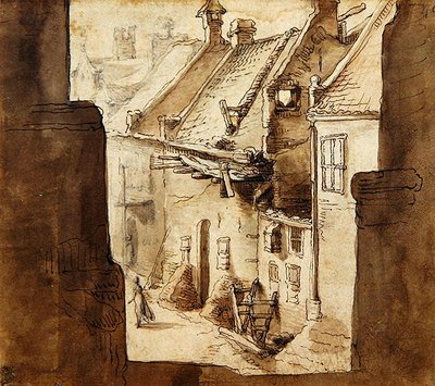 Utsikt fra vollene inn i en bakgate (kritt, penn og akvarell på papir) av Abraham Bloemaert