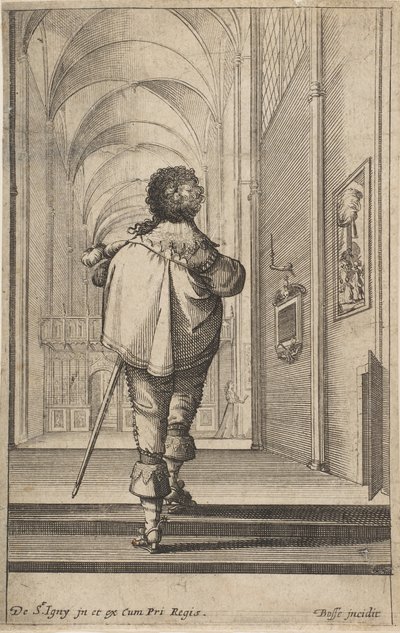 En gentleman sett bakfra gå inn i en kirke, ca. 1629. av Abraham Bosse