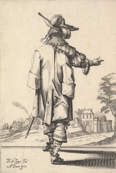 En gentleman, sett bakfra, med høyre arm utstrakt og en kappe over venstre s..., 1629. av Abraham Bosse