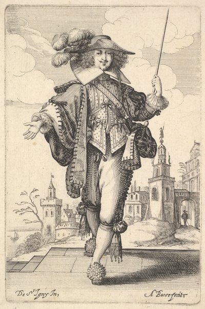 En herre som gikk fremover, med høyre arm utstrakt og en pisk i venstre hånd..., 1629. av Abraham Bosse
