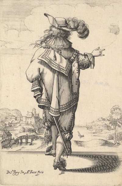 En gentleman iført en plymer hatt og bærer et sverd, sett bakfra, høyre arm ut..., 1629. av Abraham Bosse