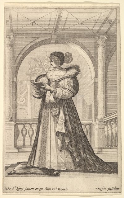 En kvinne som står, vendt mot venstre i profil, iført hatt og blondekrage, leser..., ca. 1629. av Abraham Bosse