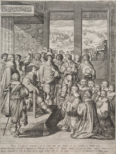 Louis XIII mottar en deputasjon av sorenskrivere av Abraham Bosse