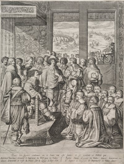 Louis XIII mottar en deputasjon av sorenskrivere. av Abraham Bosse