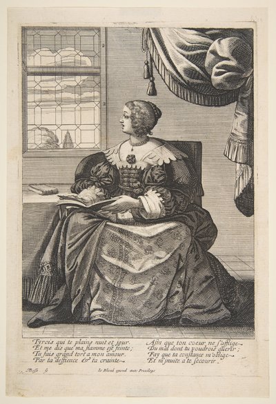 Sittende kvinne holder en bok og synger, midten til slutten av 1600-tallet. av Abraham Bosse