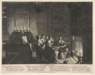 De vise jomfruer hviler mens de venter på mannens ankomst, ca. 1635. av Abraham Bosse