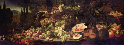 Stilleben av frukt med en grønn papegøye og en sølvvase av Abraham Brueghel
