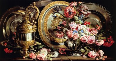 Stilleben med sølv og blomster, av Abraham Brueghel (1631-1697), olje på panel av Abraham Brueghel