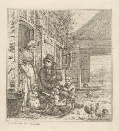 Mann og kvinne med barn ved en døråpning av Abraham Bruinings Worrel