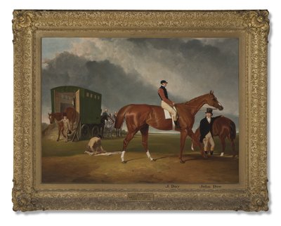 Portrett av Lord George Bentincks Horse Elis med rytter, John Day, og trener, John Doe, Doncaster, 1836 av Abraham Cooper