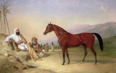 To beduiner med en bukt-arabisk hingst i ørkenen av Abraham Cooper