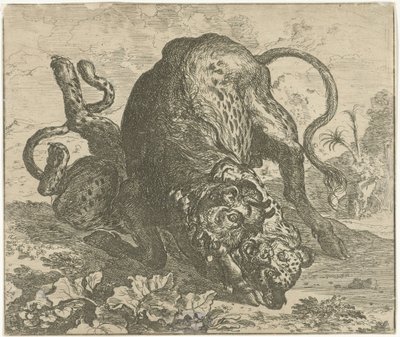 Leopard og Bull Forskjellige dyr (serietittel) av Abraham Danielsz. Hondius