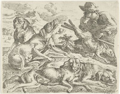 Fire hunder, en jeger og en hare av Abraham Danielsz. Hondius