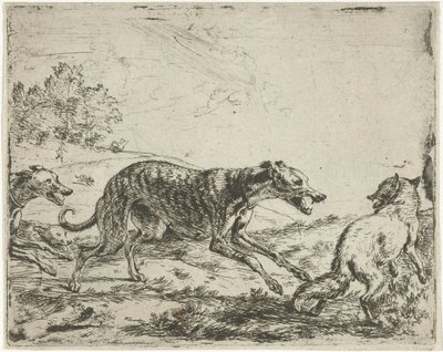 Fox og de tre hundene av Abraham Danielsz. Hondius
