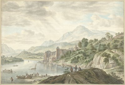 Kupert landskap med et slott ved en elv av Abraham Delfos