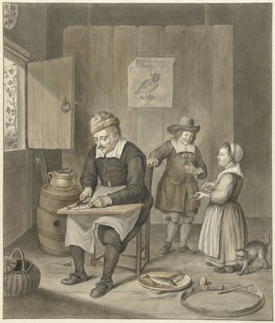 Interiør med en mann som renser fisk og to barn av Abraham Delfos
