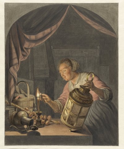 Jente som tenner en lykt av Abraham Delfos