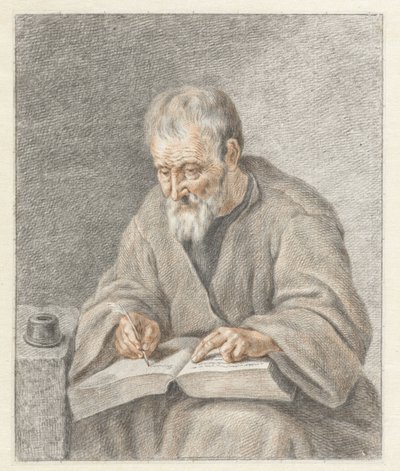 Gammel mann skriver i bok av Abraham Delfos