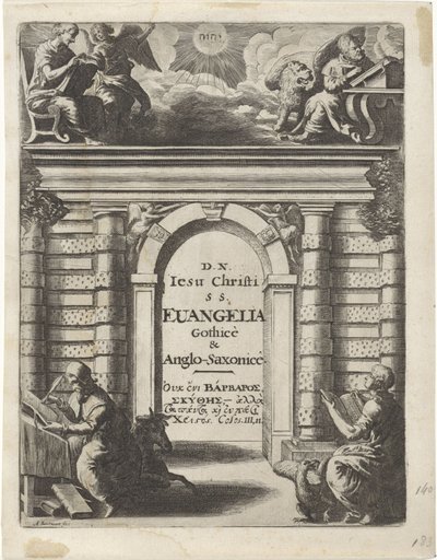 Fire evangelister rundt en port Tittelside for: Junius, Franciscus og Marshall, Thomas. Quatuor D.N. Jesu Christi S.S. Evangelia Gothicè & Anglo-Saxonicè, 1665 av Abraham Dircksz. Santvoort