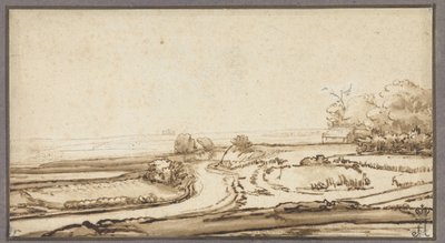 Bølgende landskap med vei og hus i skogkanten av Abraham Furnerius