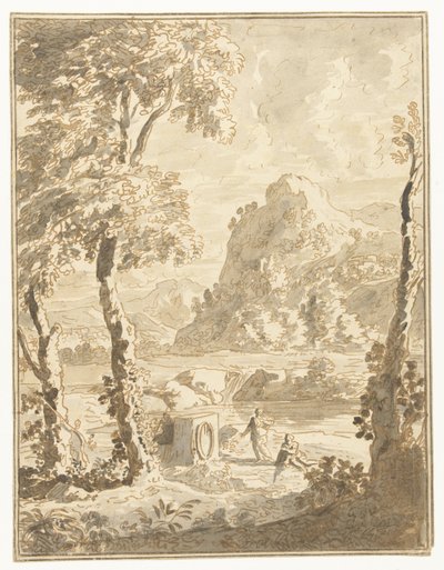 Arkadisk landskap med små figurer av Abraham Genoels (II)