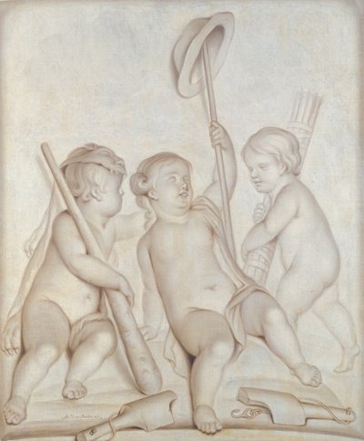 De tre kjerubene (grisaille), Putti med attributtene til Hercules og Mercury, 1767 av Abraham Hendrick van Beesten