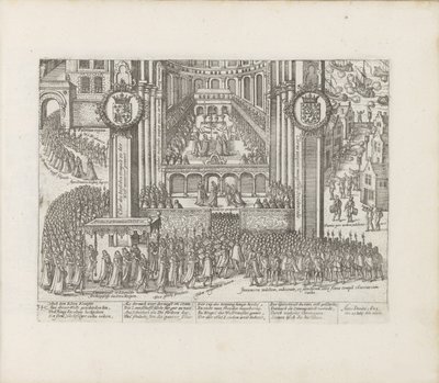 Utsikt over utsiden av Westminster Abbey under kroningen av James I, 1603-1604. av Abraham Hogenberg