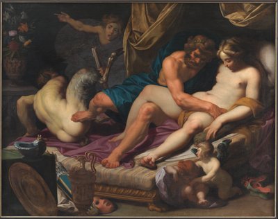 Hercules sparker faunus ut av Omfales seng av Abraham I Janssens