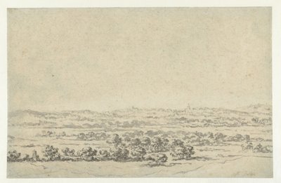 Elvelandskap, med et tårn i det fjerne av Abraham Jansz Begeyn