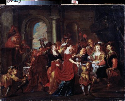 ""Herodes fest"" (Herodes bankett) Herodes bankett (Herode Antipas) hvor datteren til Herodiade (Salome) krever hodet til døperen Johannes (Jean Baptiste) på et fat for å tilby det til sin mor. Helgenens hode er plassert på bordet. Maling av Abraham Jansz. van Diepenbeeck
