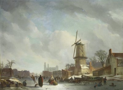 boltrer seg på en frossen kanal i en by av Abraham Johannes Couwenberg