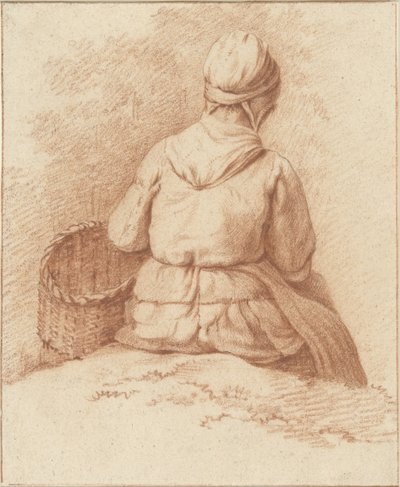 Sittende fiskekvinne med en kurv på armen, sett bakfra av Abraham Johannes Ruytenschildt