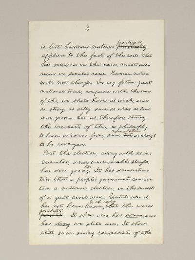 Autografmanuskript av Lincolns valgseierstale som president, levert i Washington D.C., fra vinduet i Det hvite hus om kvelden 10. november av Abraham Lincoln