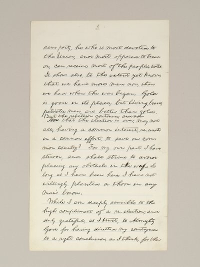 Autografmanuskript av Lincolns valgseierstale som president, levert i Washington D.C., fra vinduet i Det hvite hus om kvelden 10. november av Abraham Lincoln