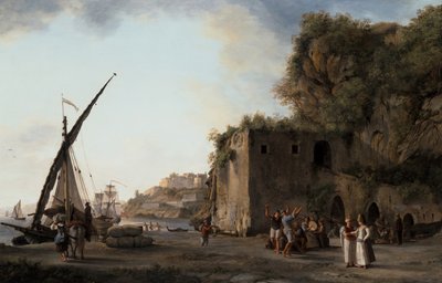 Par: Havneutsikt med kjøpmenn og sjømenn som spiller musikk av Abraham Louis Rudolph Ducros