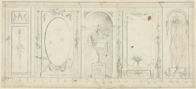 Design for romdekorasjon med fem paneler, den midterste med dekorativ vase av Abraham Meertens
