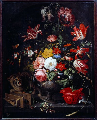 Katt som slår ned en blomstervase. Maleri av Abraham Mignon (1640-1679) ec. alle av Abraham Mignon